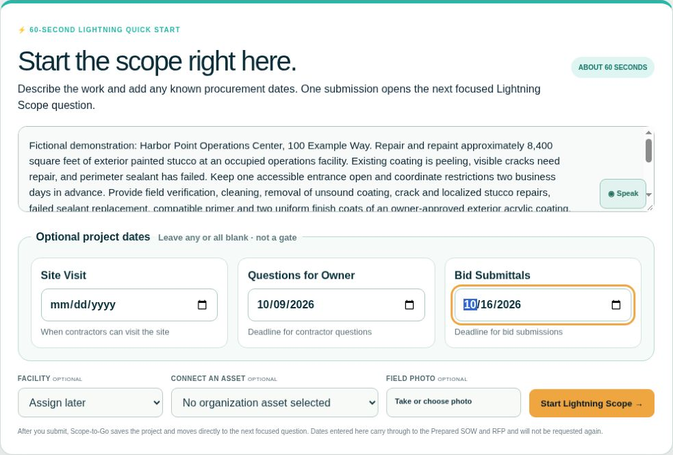 Harbor Point's fictional project description and sample procurement dates in Lightning Quick Start.