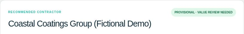 Coastal Coatings Group is labeled Fictional Demo and Provisional, with value review needed.